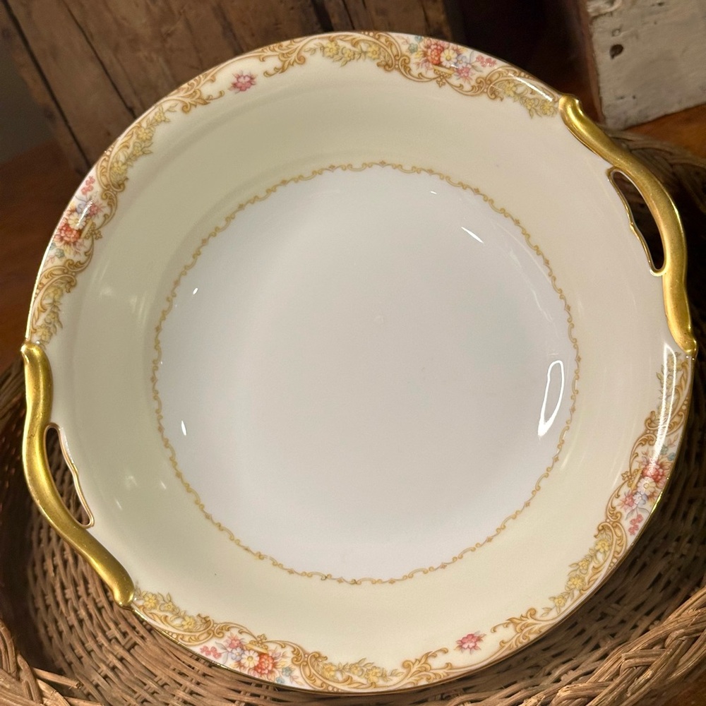 Vintage Noritake Trojan Round Double Handled Serving Bowl Gold Floral Japan